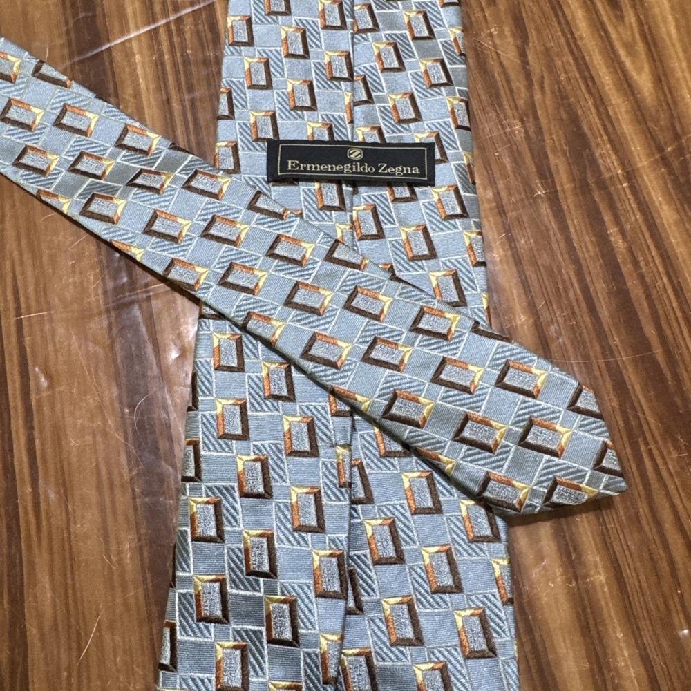 Ermenegildo Zegna Italy Blue Brown Geometric Architect 100% Silk Men Neck Tie‎